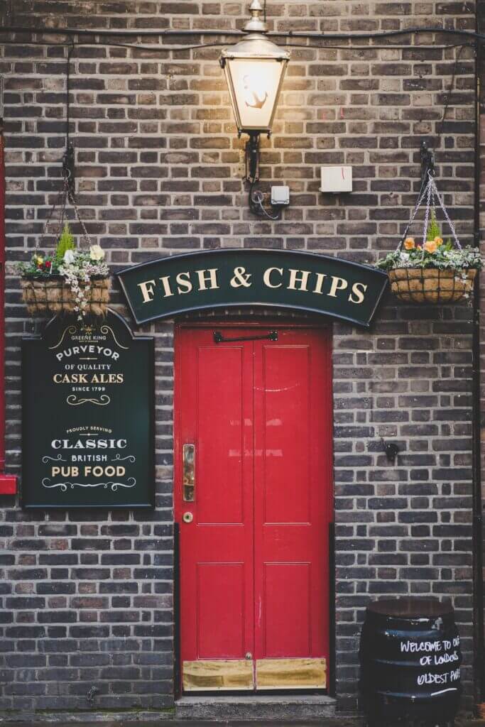 British pub called fish and chips entrance