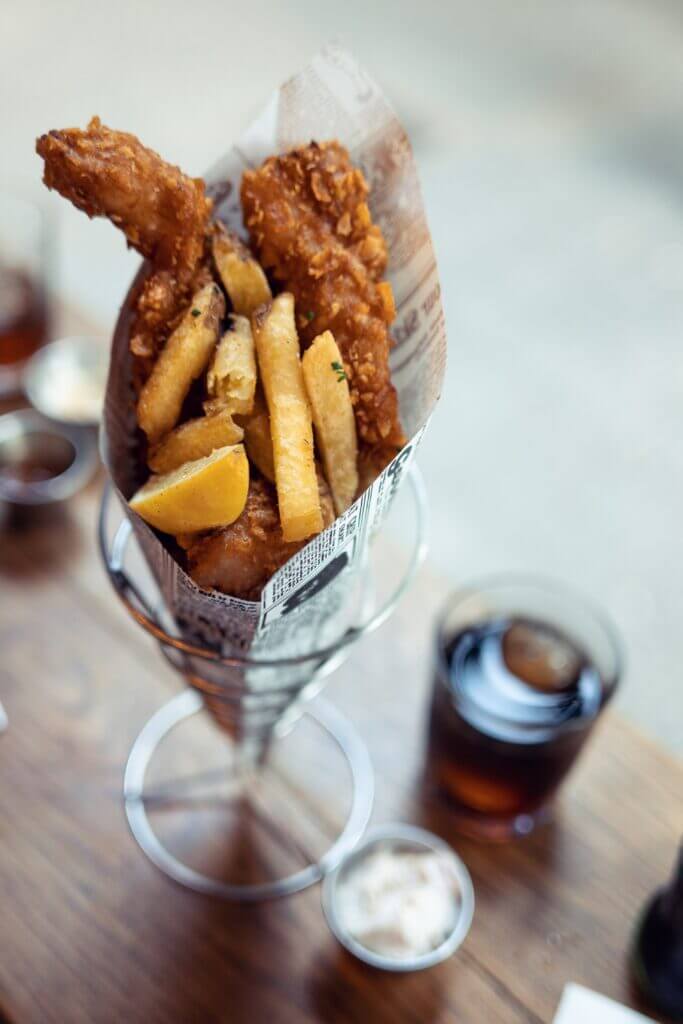 fish and chips served at a restaurant